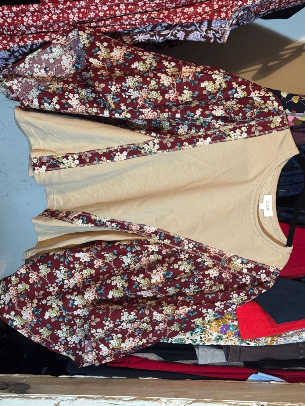 Floral Sleeve Crewneck Top in Beige and Burgundy